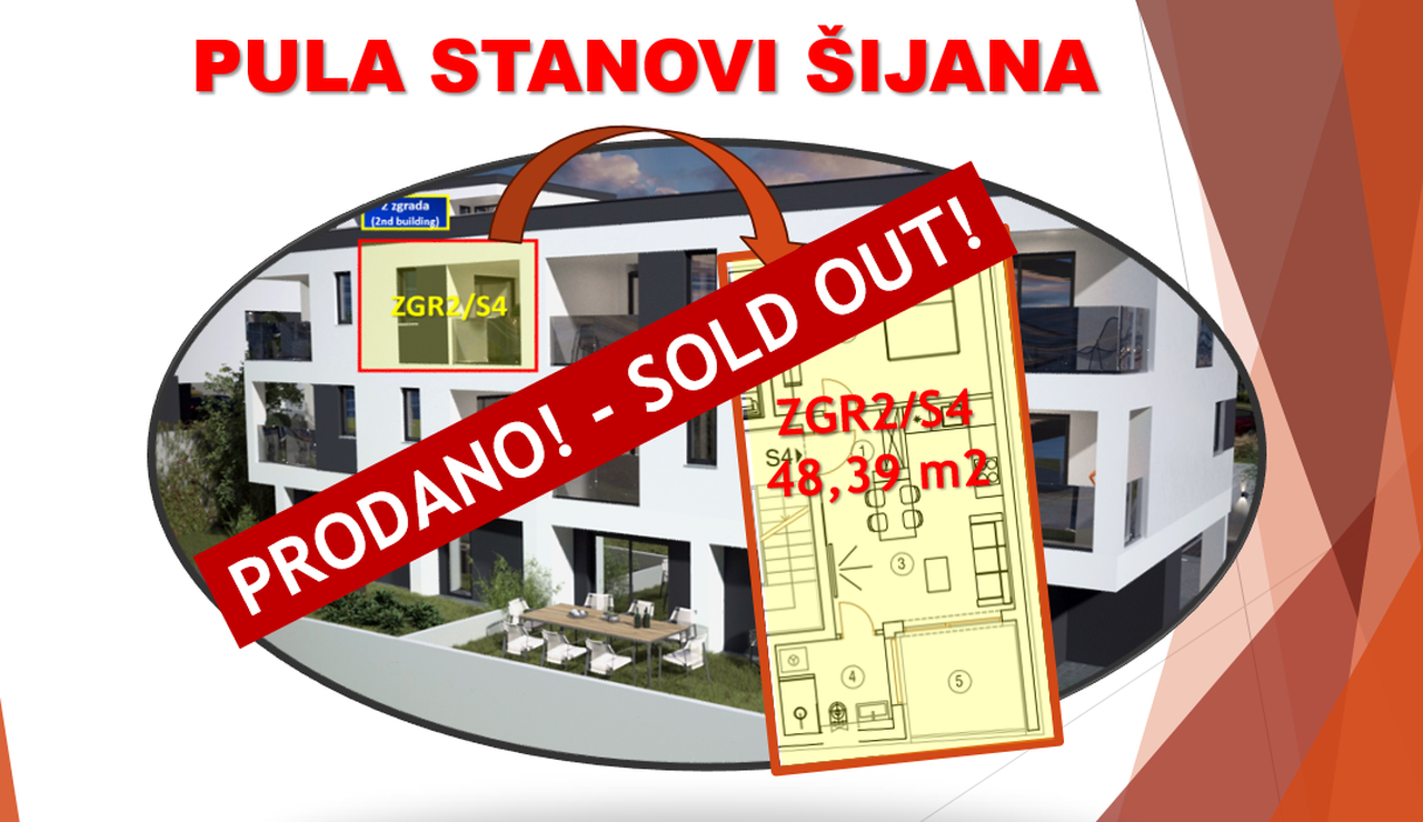 One-bedroom apartment offered in Pula (Šijana) for 120,000 euros, 2 floor, 48,39 m2, parking space, storage room!