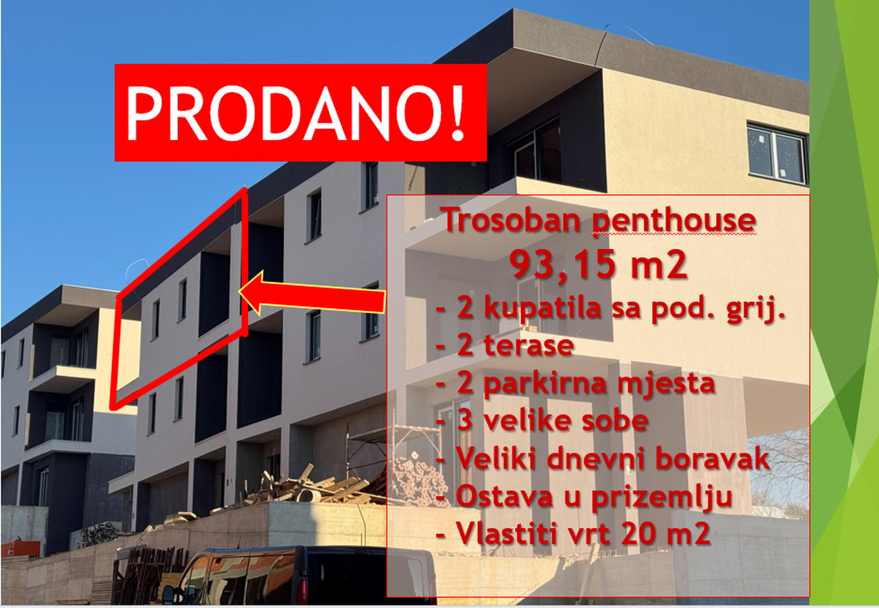 Trosobni stan - penthouse u ponudi u Šijani (Pula) za 209.000 eur, 93,15 m2, dvije terase, dva kupatila, dva parkirna mjesta, ostava i vrt od 20 m2!
